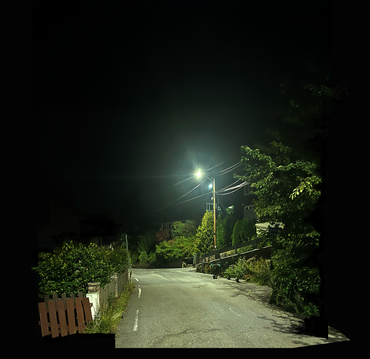 Et landskap. Villaområde i natten. Drømmende framtoning.